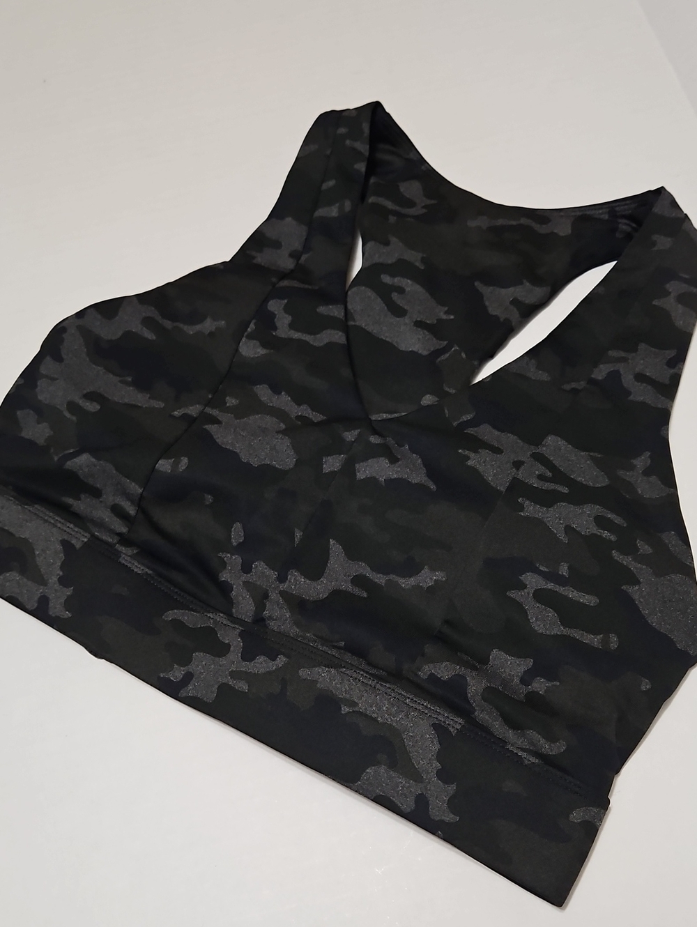 Fabletics Green & Charcoal Camo Racerback Sports Bra Size L With Removable Pads
